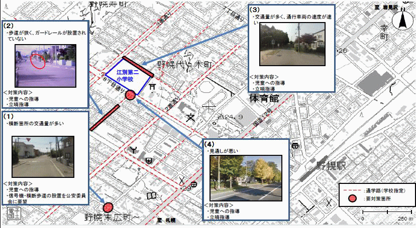 地図：江別第二小学校通学路対策箇所