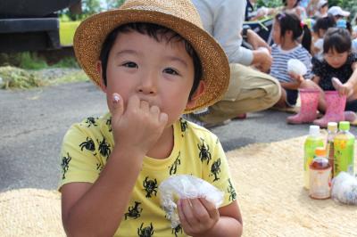 お父さんと一緒に収穫の秋、食欲の秋の稲刈り体験の写真3