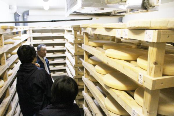 チーズの貯蔵庫を見学する参加者の写真
