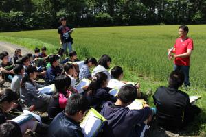 小麦畑で、萩原英樹さんのお話を聞く生徒達