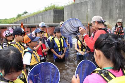 水辺の自然塾で川に入っている児童達の写真