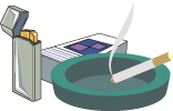イラスト：ライター、タバコ、灰皿に煙の出ているタバコ