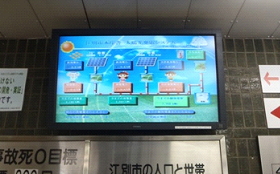 江別市役所本庁舎ロビーに設置された発電状況モニターの写真